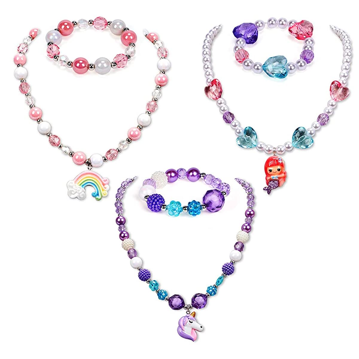 SANNIDHI® Set of 3 Necklace Bracelet Set for Girls Princess, Unicorn Mermaid Rainbow Charms Beads Necklaces Stretchy Chunky Jewelry Kit for Toddlers Kids Dress Up Costume Party SANNIDHI® Set of 3 Necklace Bracelet Set for Girls Princess, Unicorn Mermaid Rainbow Charms Beads Necklaces Stretchy Chunky Jewelry Kit for Toddlers Kids Dress Up Costume Party